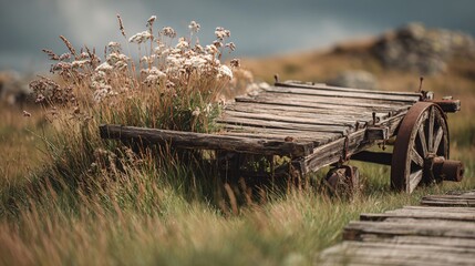Rustic wooden cart with wildflowers in a field evokes nostalgia, perfect for travel, adventure, and historical themes