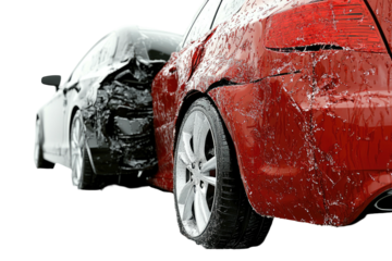 Red car rear-ended; crumpled front. Minor dents, scratches, damage shown