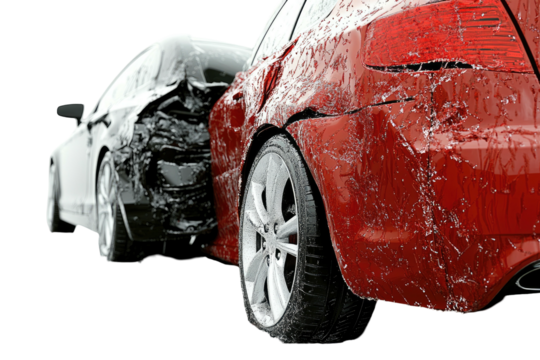 Red car rear-ended; crumpled front. Minor dents, scratches, damage shown