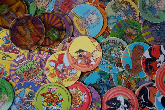 Salvador, Brazil - May 20, 2025: Tazos Collection. Tazos from Elma Chips. 
