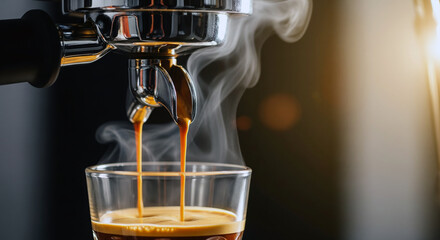 Espresso pouring from coffee machine into a glass cup