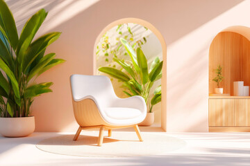 Inviting living room interior template with armchair and wooden storage