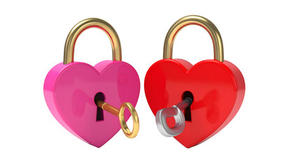  Romantic Heart Lock and Key Pair – isolated on transparent background