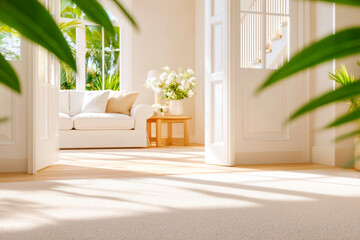 Fototapeta premium Minimalist living space with beige carpet white walls and wooden floor details