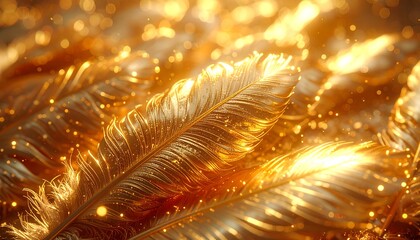 A close-up view of numerous, shimmering golden feathers, creating a soft, ethereal focus with tiny sparkling bokeh