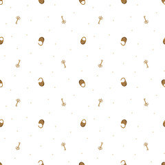 Pattern vintage key, lock in bronze with stars. Hand-drawn watercolor illustration in childish retro style. Seamless print is isolated from background for design, textile fabrics, wallpaper, packaging