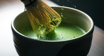 Whisking Japanese matcha green tea in a ceramic bowl