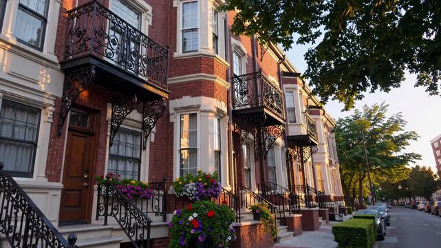 Charming row of brick townhouses with ornate balconies, captured at eye-level. Perfect for a video on urban architecture and design.