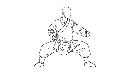 Continuous Line Drawing of a Martial Artist in Horse Stance.