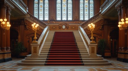Obraz premium Grand staircase with marble steps, red carpet runner, ornate railings, and stained-glass windows in a luxurious building.