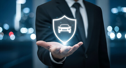 Automobile insurance and safety concept showing a man holding a car icon within a glowing shield