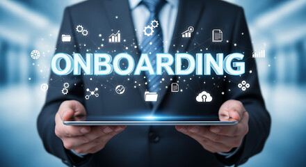 Businessman holding a tablet with a digital onboarding process interface for new employees