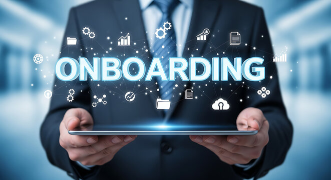 Businessman holding a tablet with a digital onboarding process interface for new employees