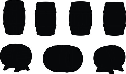 Silhouette barrels, wooden casks, wine storage, beer keg, stacked barrels, black vector icons, packaging design, vintage container illustration, alcohol symbol