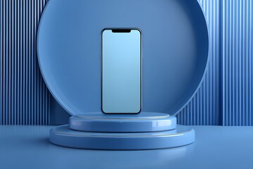 Modern smartphone displayed on a tiered platform with a textured blue background and vertical lines