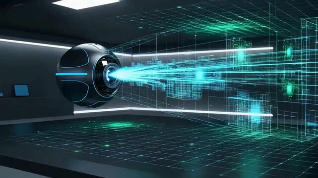 Futuristic security camera scans cyberspace in modern digital world with holographic grid and glowing data streams