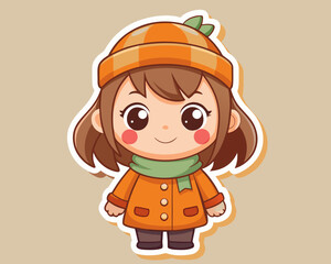 Cute Cartoon Girl in Winter Clothes with Orange Hat and Green Scarf Illustration