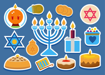 Hanukkah Celebration Stickers with Menorah Dreidel Star of David and Traditional Foods on Blue