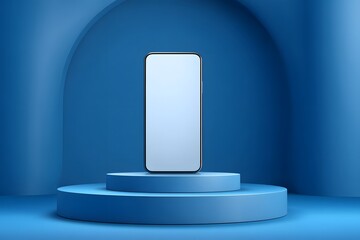 Sleek modern smartphone displayed on a minimalist blue stage with subtle curved background elements