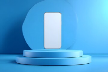 Sleek modern smartphone displayed on minimalist blue geometric podiums with soft studio lighting