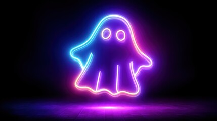 Neon glowing ghost on black blue purple background, vibrant fluorescent colors, copy space text area, halloween celebration design