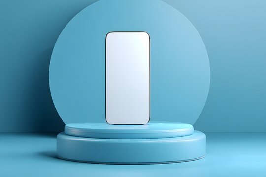 Minimalist product display platform featuring a blank rectangular object on a circular stage against a soft blue background