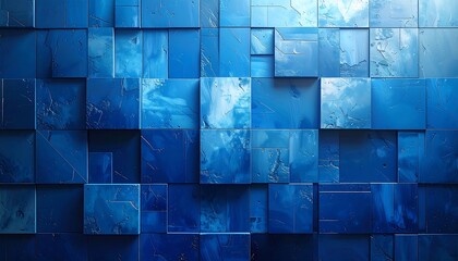 A digital rendering of a tiled surface with blocks of various shades of blue, some with textured patterns, creating a dimensional effect