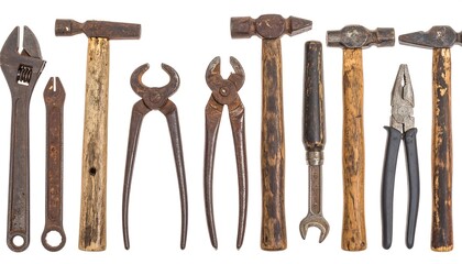 A collection of vintage and well-used hand tools, including hammers, wrenches, and pliers, arranged against a white background