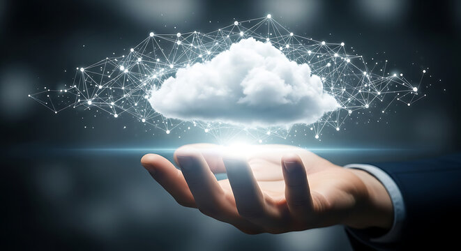 Cloud technology and digital network connections held in a person's hand