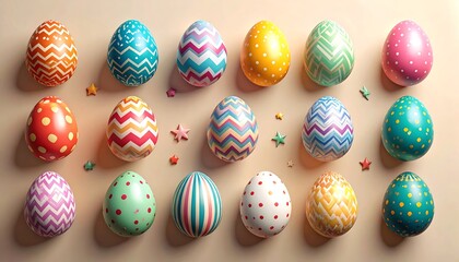 A collection of vibrantly decorated Easter eggs arranged on a soft beige background, alongside small star-shaped decorations