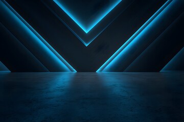 Futuristic abstract geometric design with glowing neon blue light streaks on dark textured surface