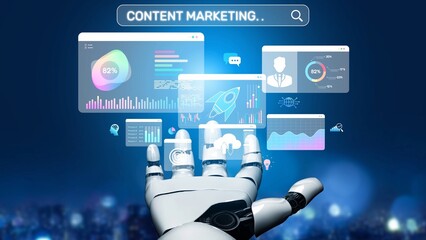 Content marketing interface with data dashboards, analytics charts, and content tools. Marketing...