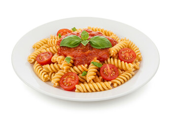 Delicious fusilli pasta with rich tomato sauce and fresh basil garnished with cherry tomatoes