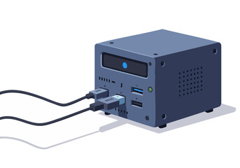 Fototapeta premium A modern, compact storage device with USB ports is shown open, highlighting its tech interior. Clean, professional illustration for tech and storage concepts.
