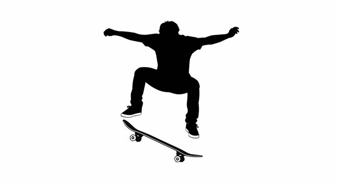 Skateboarder mid-air doing trick, dynamic silhouette, urban lifestyle vibe