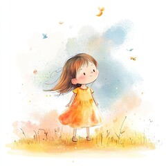 Joyful girl embracing nature open field illustration bright atmosphere playful viewpoint childhood wonder