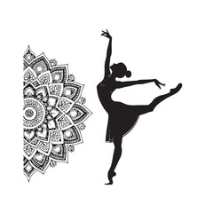 Silhouette of a ballerina dancing next to a half mandala design on a white background dance ballet