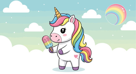 Adorable Cartoon Unicorn with Rainbow Popsicle