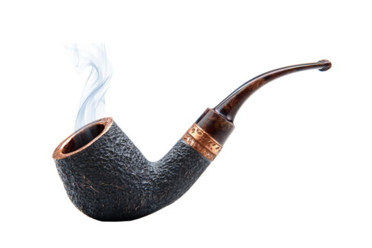 Classic briar pipe illustration with textured bowl, copper accent, and elegant smoke curl, detailed ink linework with antique charm, isolated on transparent background.
