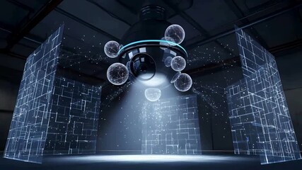 Futuristic security system with floating data nodes providing advanced protection and surveillance capabilities modern technology - Powered by Adobe
