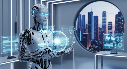 An advanced AI android in a futuristic office manipulating a glowing digital sphere of data with a sprawling metropolis visible through the window