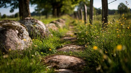 Stone path leads through vibrant wildflowers and lush greenery, evoking feelings of peace and serenity in nature