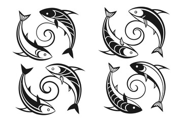 Fototapeta premium Abstract minimal fish swirl icon set in black yellow cyan magenta