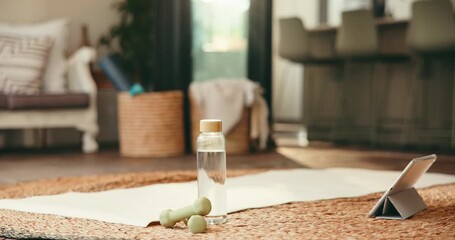 Fitness, setup and floor in house with tablet, video tutorial or preparation for online class. Digital, health guide or workout in home with equipment, wellness or performance routine on training app