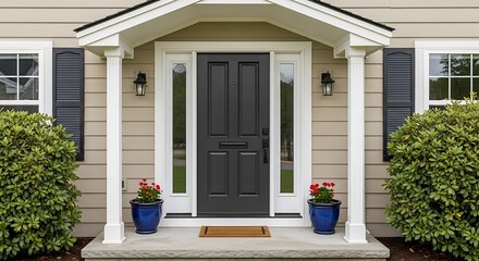 Elegant Home Entrance with Dark Door and Symmetrical Design.