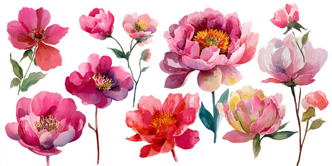 Collection of beautiful pink and red peonies with green leaves isolated on white background