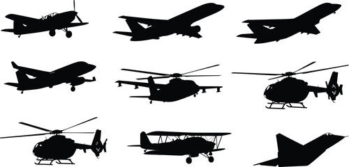 Aircraft silhouettes, airplane icons, helicopter shapes, aviation design, flying machines, black outlines, jet planes, propeller aircraft, rotor craft, isolated graphics