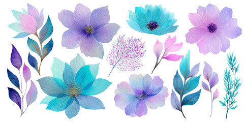 Collection of delicate watercolor flowers and leaves in soft purple and turquoise hues isolated on white background