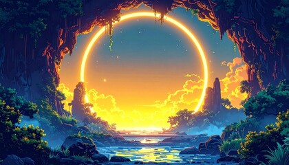 Stunning elegant Fantasy creative showcasing Mysterious area background customizable Pixel text overlay, blank Art composition