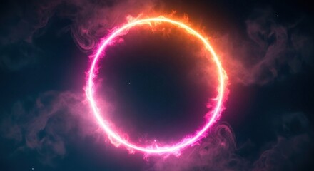 Fototapeta premium A vibrant, circular, fiery ring of light against a dark, smoky background.